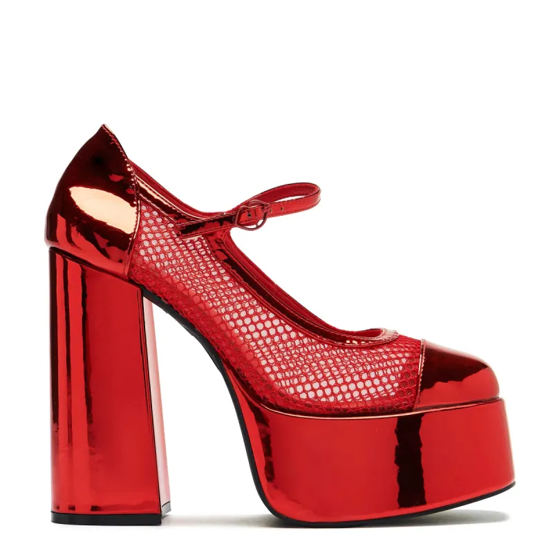 Regular Frankie Fan Fishnet Platform Heels - Red sold by Shoe Freaks