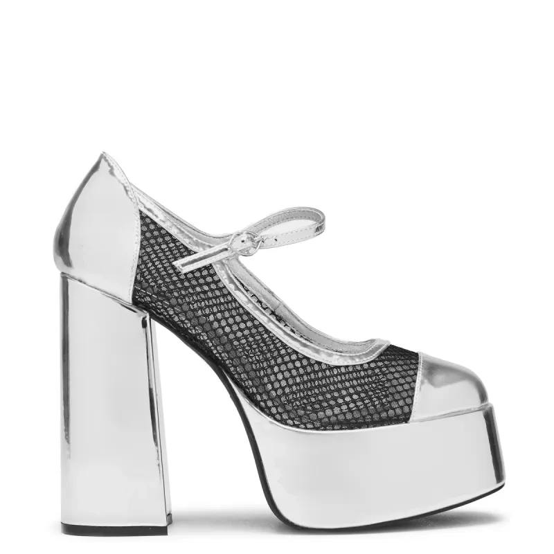 Regular Frankie Fan Fishnet Platform Heels - Silver sold by Shoe Freaks