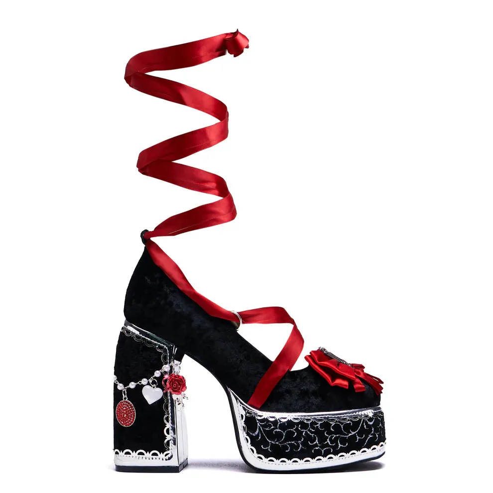 The Cold Ones Midnight Velvet Ornate Heels-Black/Red-Size 8-Clearance sold by Shoe Freaks
