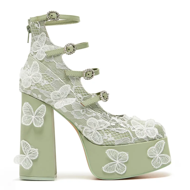 Wild Lotus Butterfly Lace Platform Heels - Green sold by Shoe Freaks