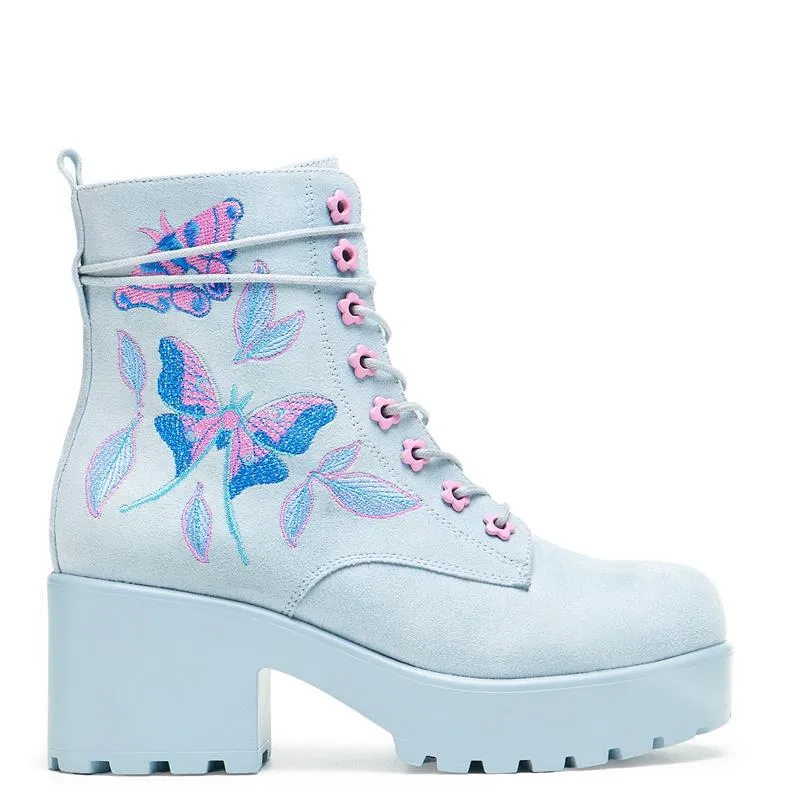 Butterfly Dune Suede Platform Military Boots - Blue sold by Shoe Freaks