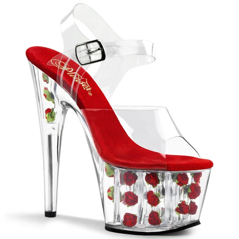 Pleaser Adore-708FL-Clear-Red Flowers-Size 9-Clearance sold by Shoe Freaks