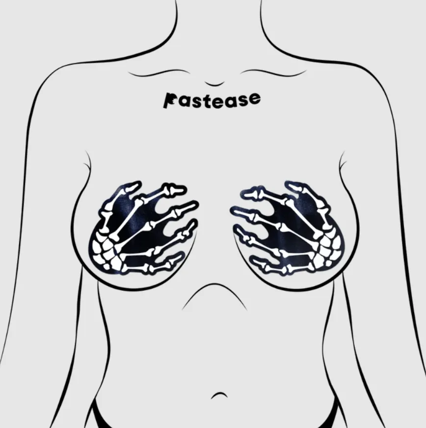 White Boney Skeleton Hands on Black Nipple Pasties sold by Shoe Freaks product image thumbnail 3