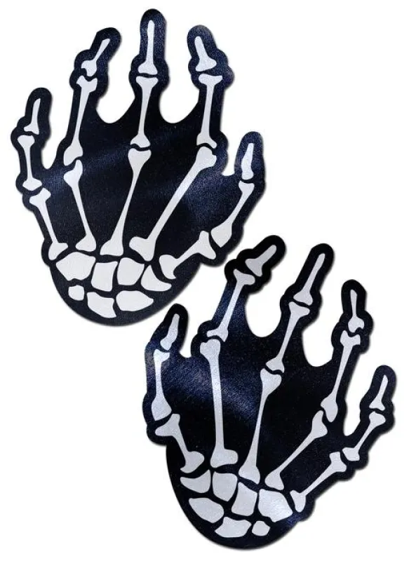 White Boney Skeleton Hands on Black Nipple Pasties sold by Shoe Freaks