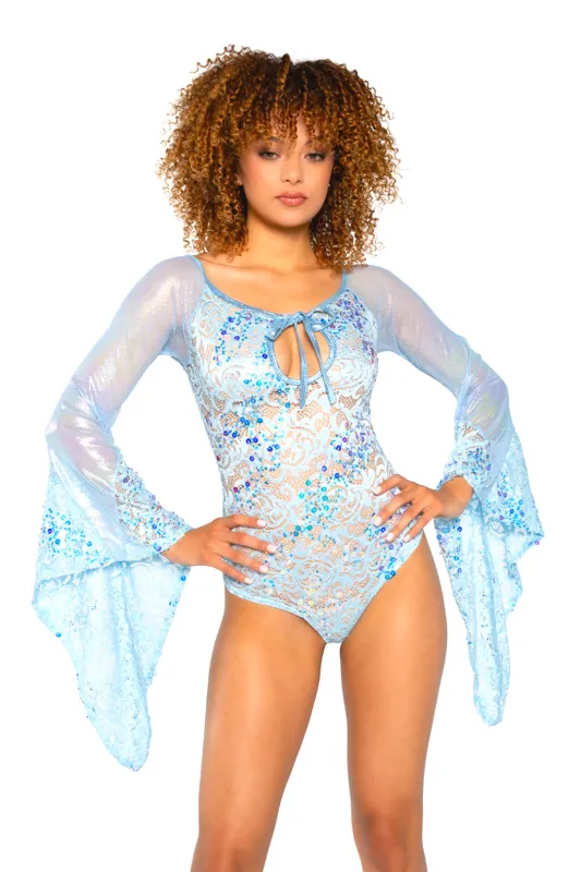 Fishnet/Mesh Sequin Flair Sleeve Bodysuit sold by Shoe Freaks