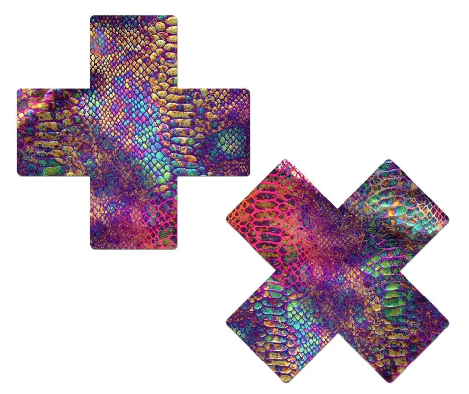 Plus X: Neon Rainbow Tie Dye Snake Print Cross Nipple Pasties sold by Shoe Freaks