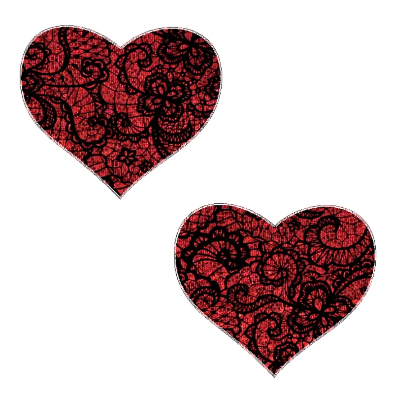 Red Glitter Heart with Black Lace overlay Nipple Pasties sold by Shoe Freaks
