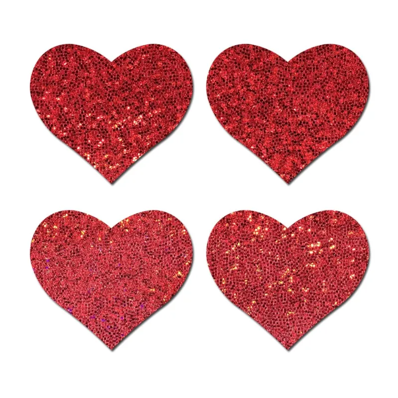 Petites: Two-Pair Small Red Glitter Hearts Nipple Pasties sold by Shoe Freaks