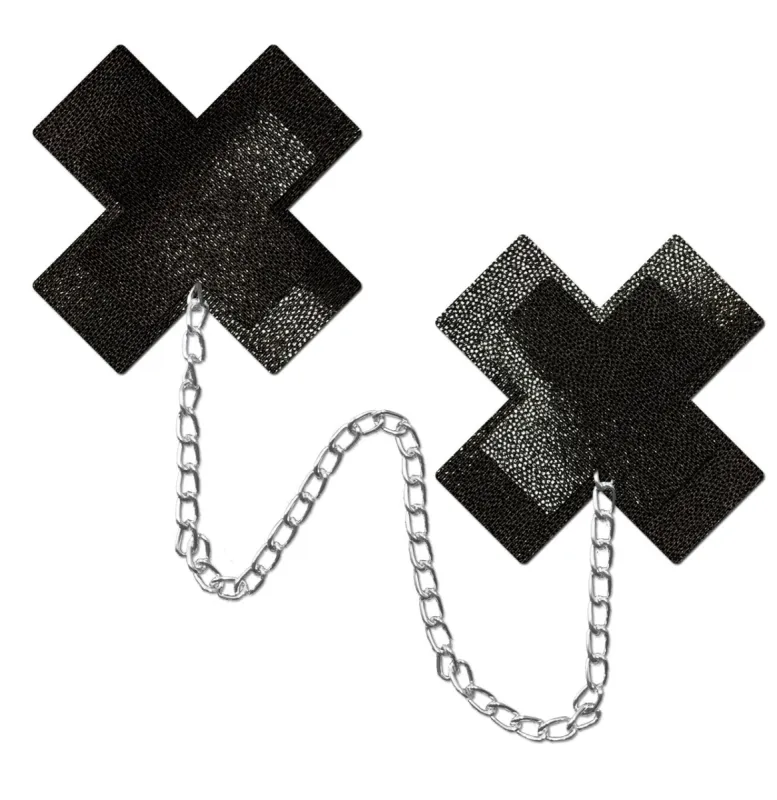 Chains: Liquid Black Plus X Cross with Chunky Silver Chain Nipple Pasties sold by Shoe Freaks
