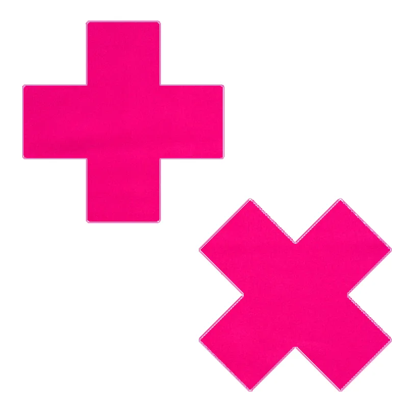Plus X: Neon Pink (Blacklight Reactive)Cross Nipple Pasties sold by Shoe Freaks