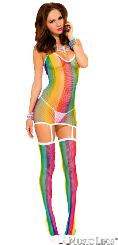 Rainbow Stripe Fishnet Garter Dress with Stockings sold by Shoe Freaks