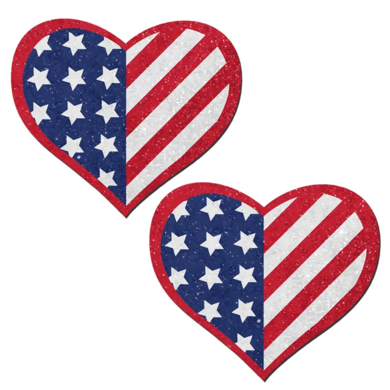Love: Glittering USA Red, White & Blue, Stars & Stripes Heart Nipple Pasties sold by Shoe Freaks