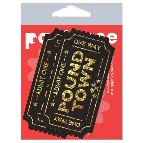 Pound Town Pasties: One-Way Ticket to Pound Town Gold Glitter Nipple Covers sold by Shoe Freaks product image thumbnail 5