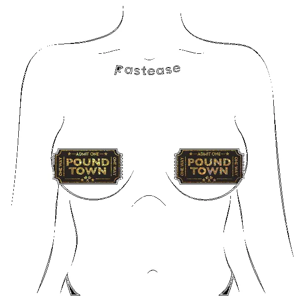 Pound Town Pasties: One-Way Ticket to Pound Town Gold Glitter Nipple Covers sold by Shoe Freaks product image thumbnail 2