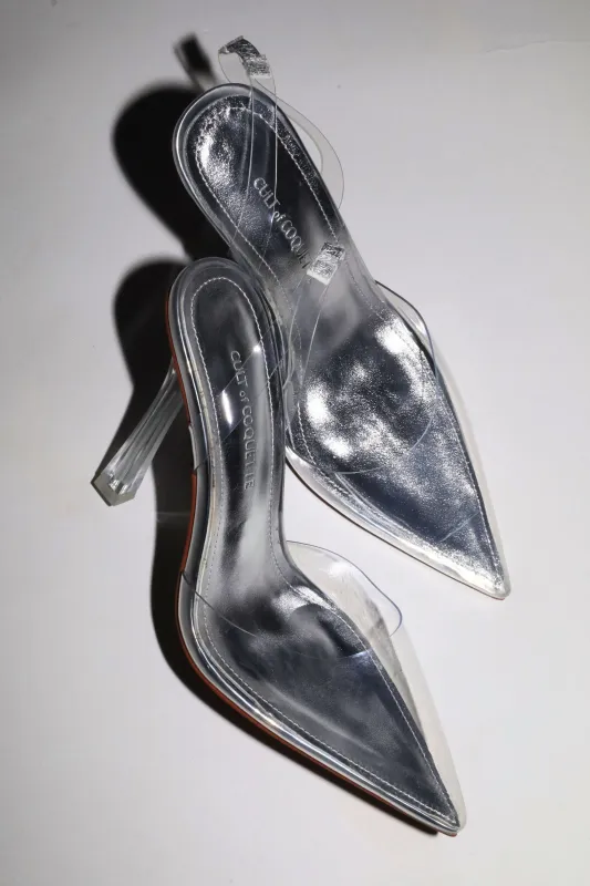 Madeline Clear Pointed Slingback Pumps 110 mm made by Cult of Coquette