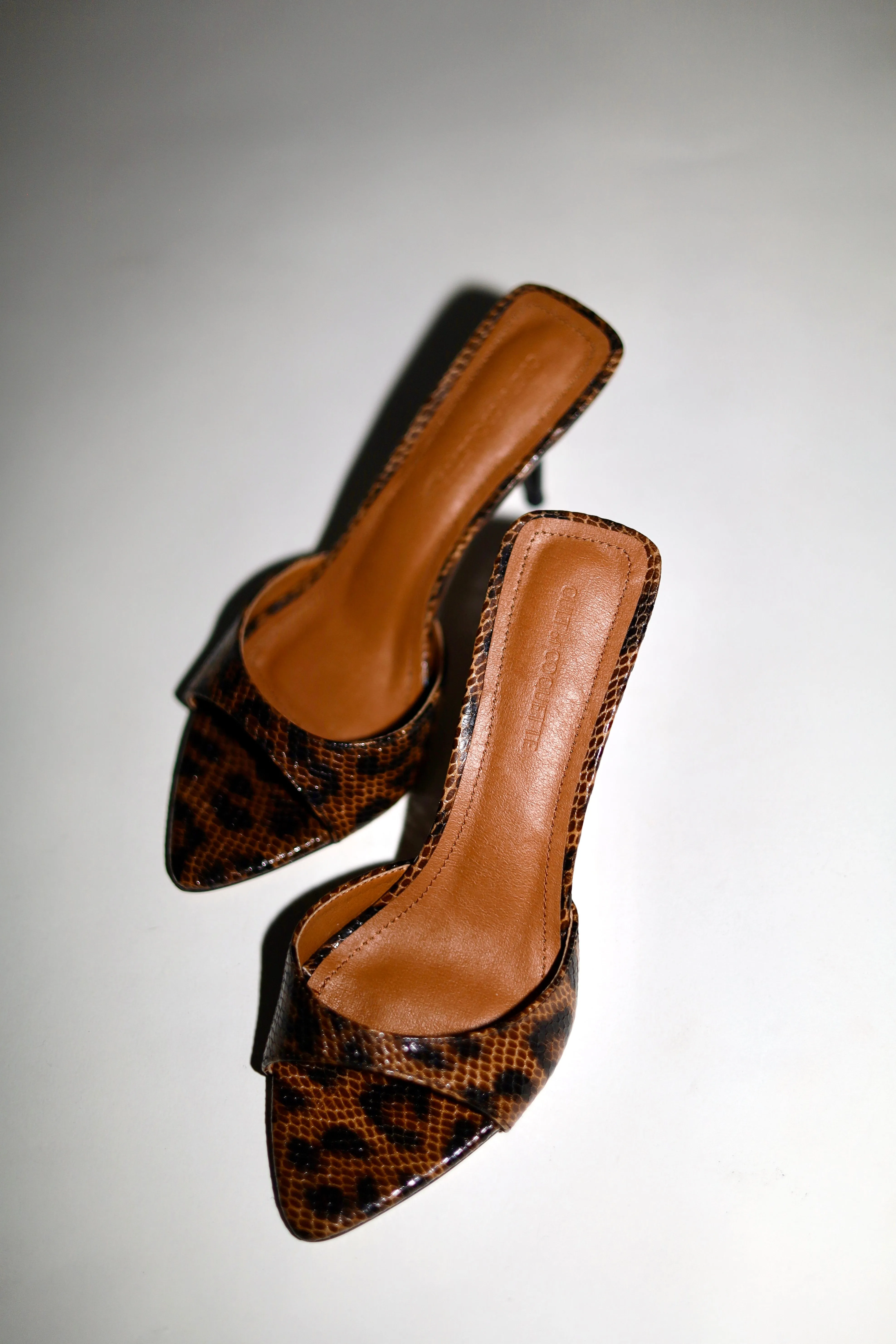 Zena Leopard Vegan Mules 80 mm sold by Cult of Coquette