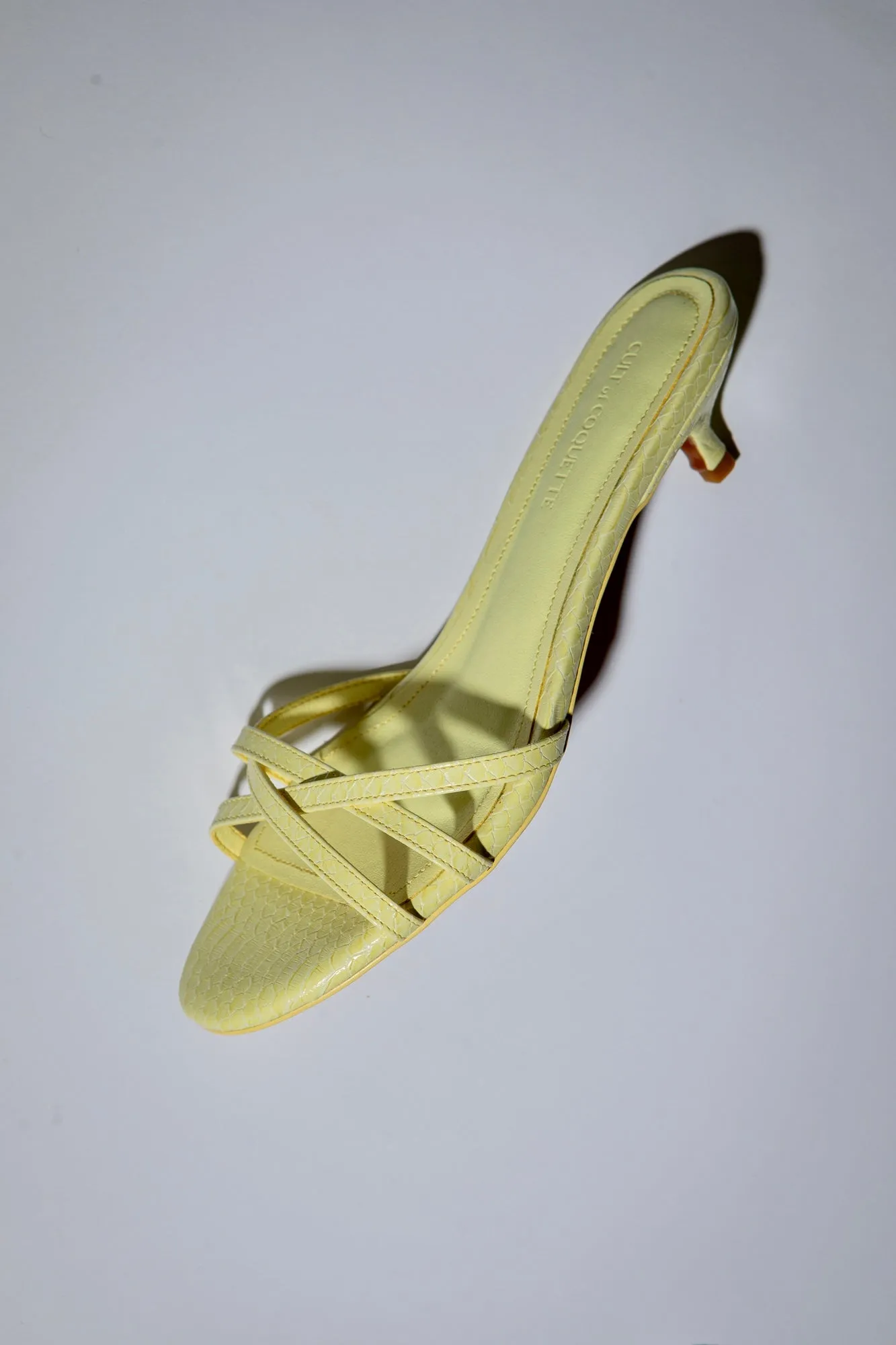 Romy Butter Yellow Reptile Strappy Kitten Mules 40 mm sold by Cult of Coquette
