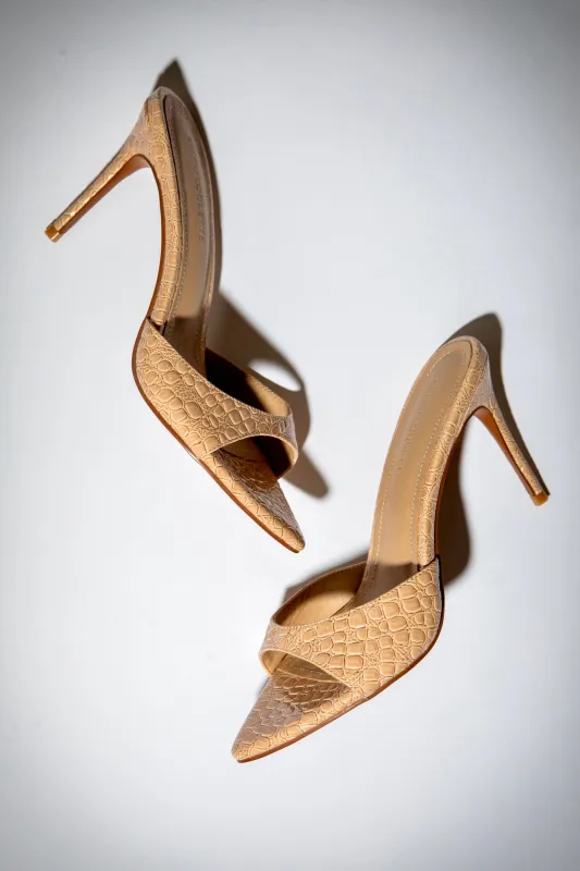 Gia Nude Croc Patent Vegan Mules 80 mm made by Cult of Coquette