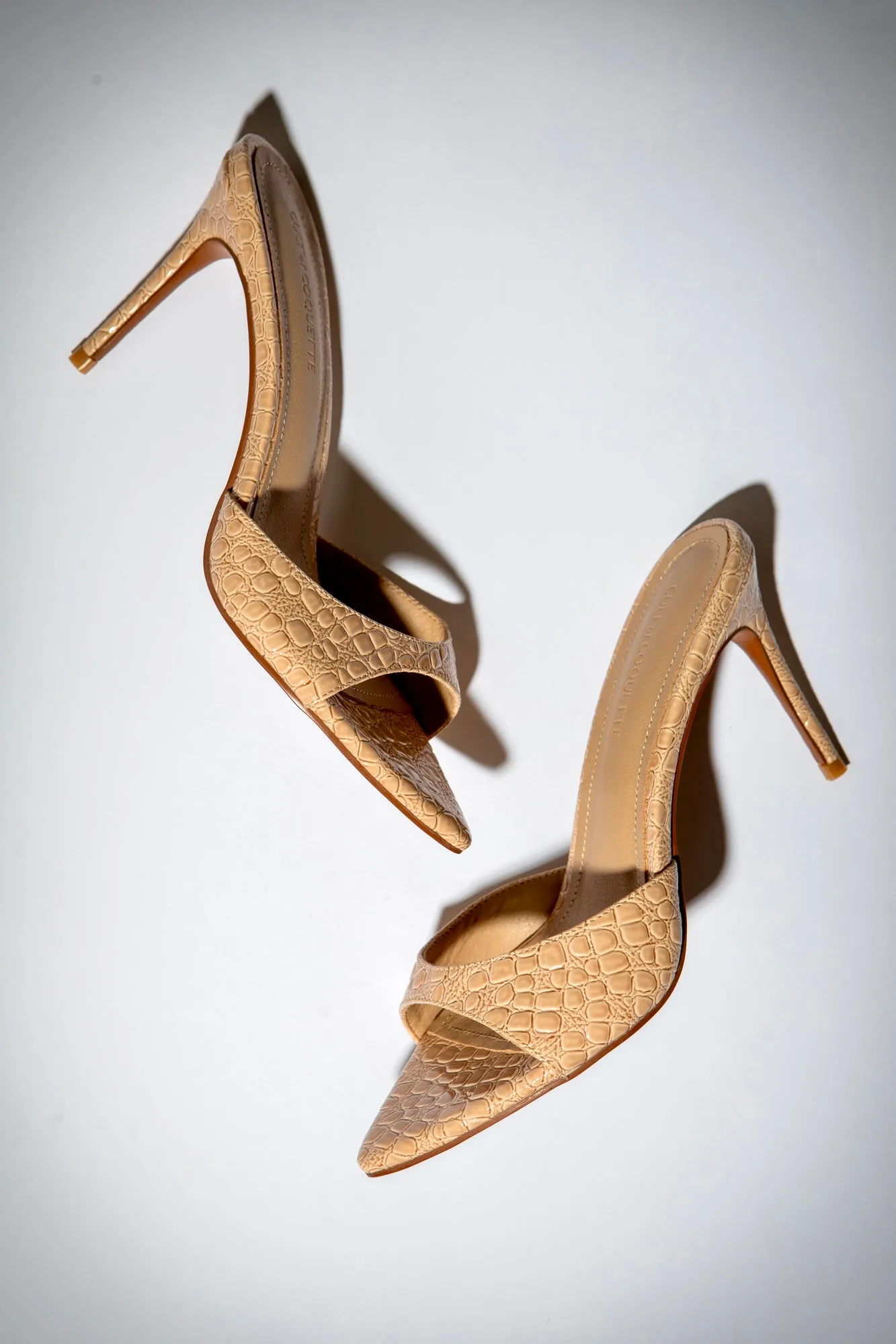 Gia Nude Croc Patent Vegan Mules 80 mm sold by Cult of Coquette