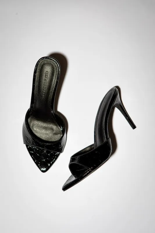 Gia Black Croc Patent Vegan Mules 80 mm made by Cult of Coquette