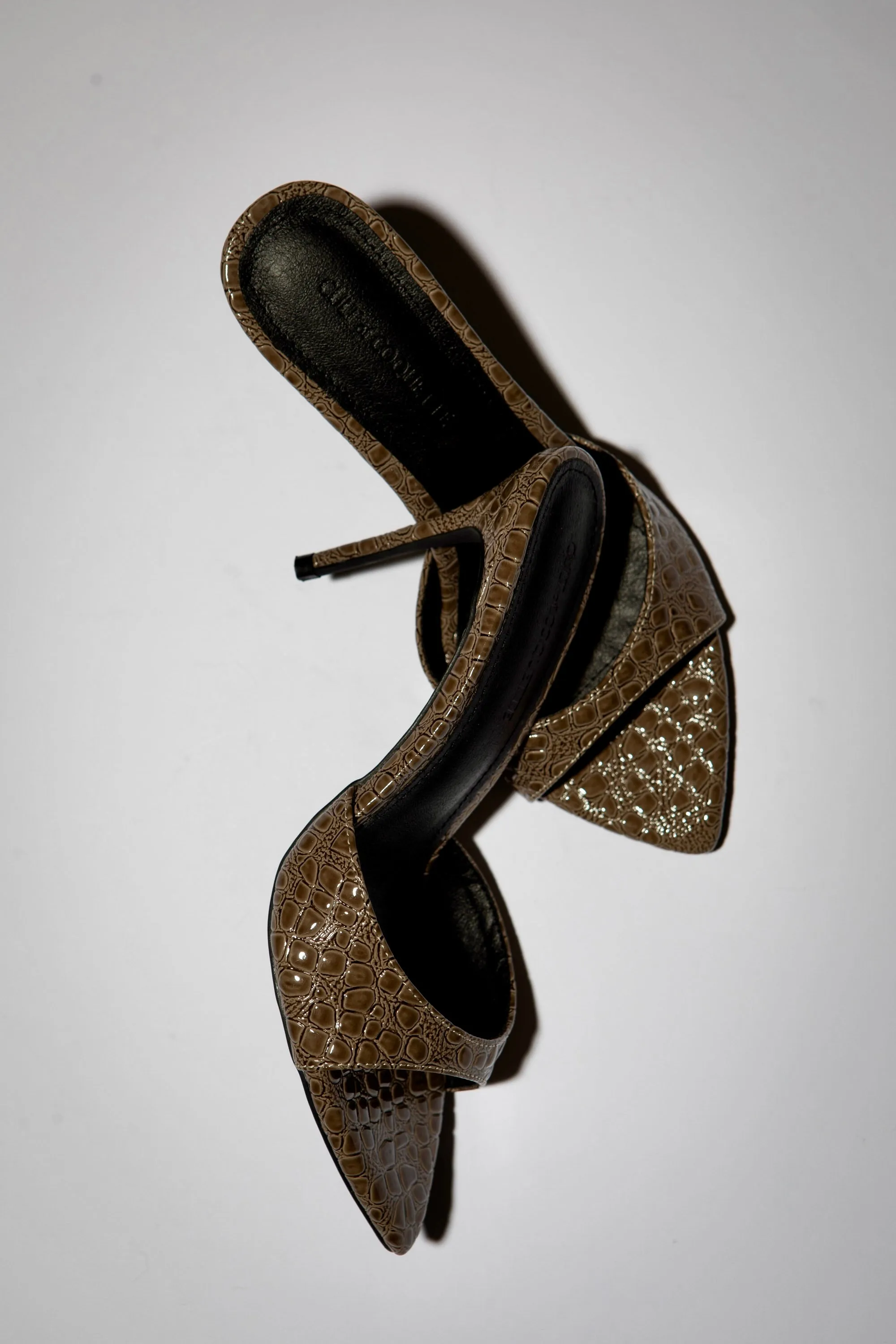 Gia Taupe Croc Patent Vegan Mules 80 mm sold by Cult of Coquette product image thumbnail 3