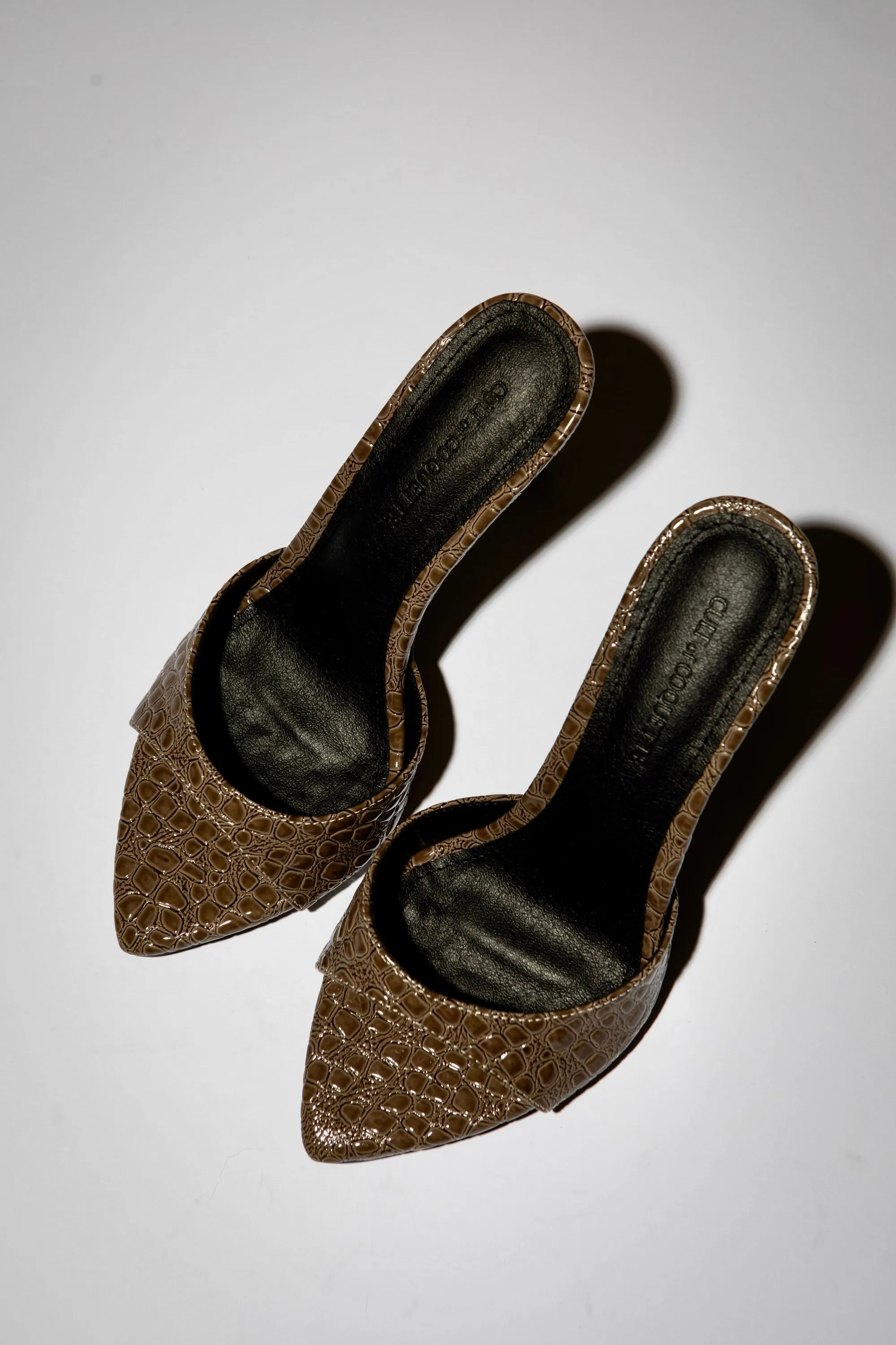 Gia Taupe Croc Patent Vegan Mules 80 mm sold by Cult of Coquette