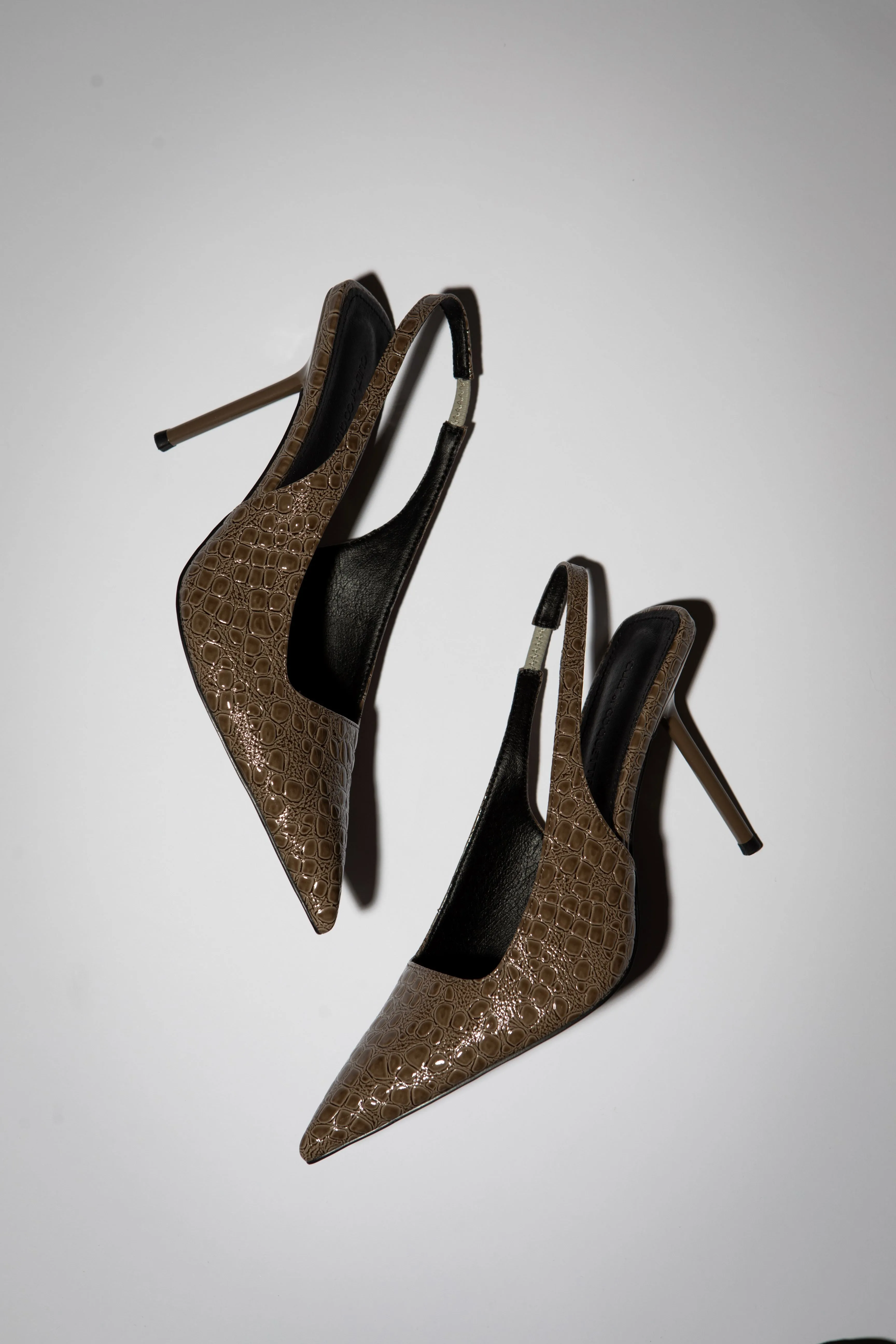 Elsa Slingback Pump Taupe Croc Patent 100 mm sold by Cult of Coquette