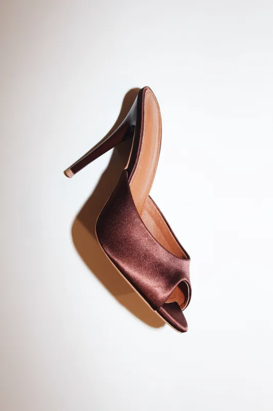 Ford Chocolate Brown Satin Open Toe Mules made by Cult of Coquette