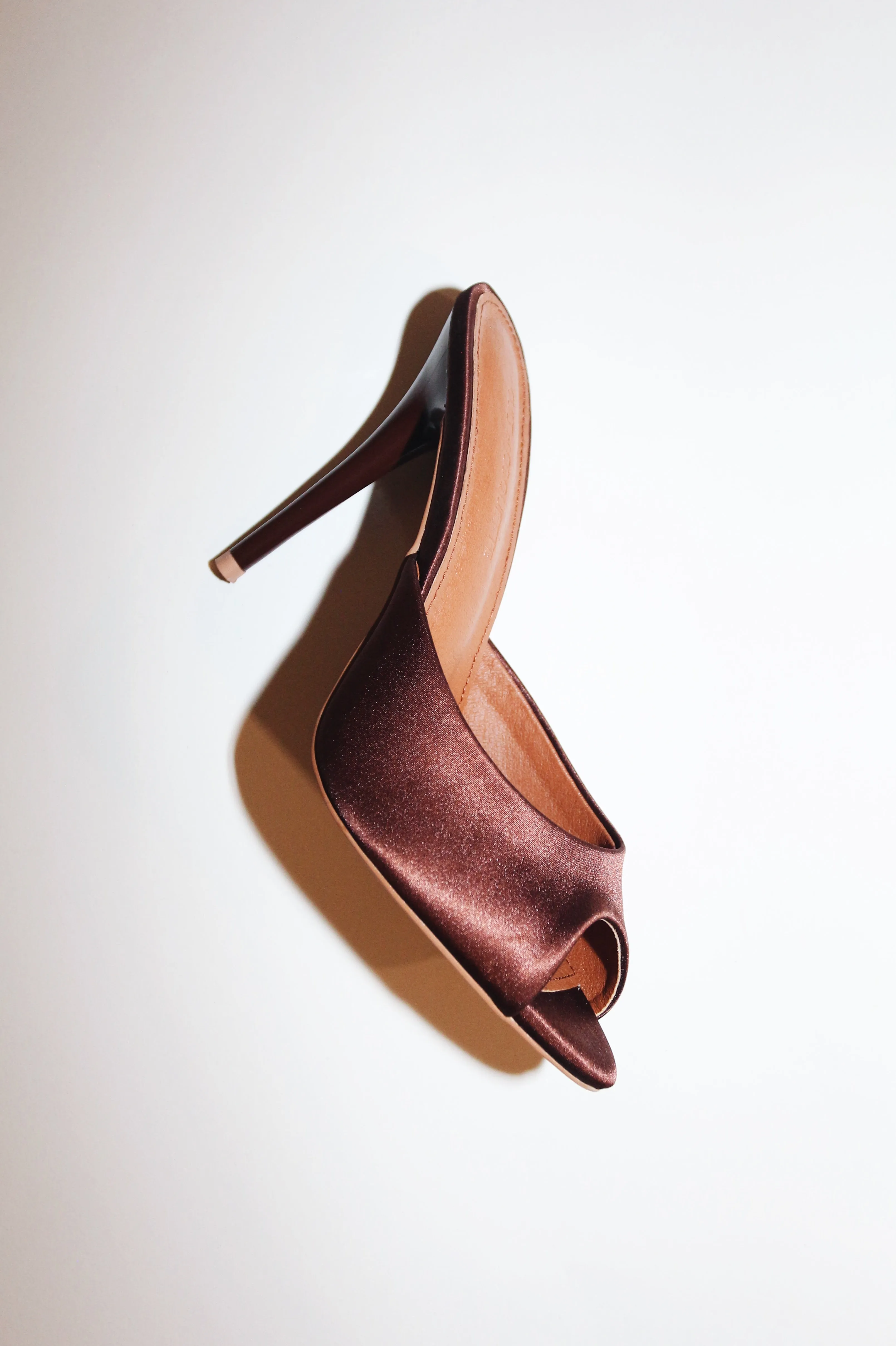 Ford Chocolate Brown Satin Open Toe Mules sold by Cult of Coquette