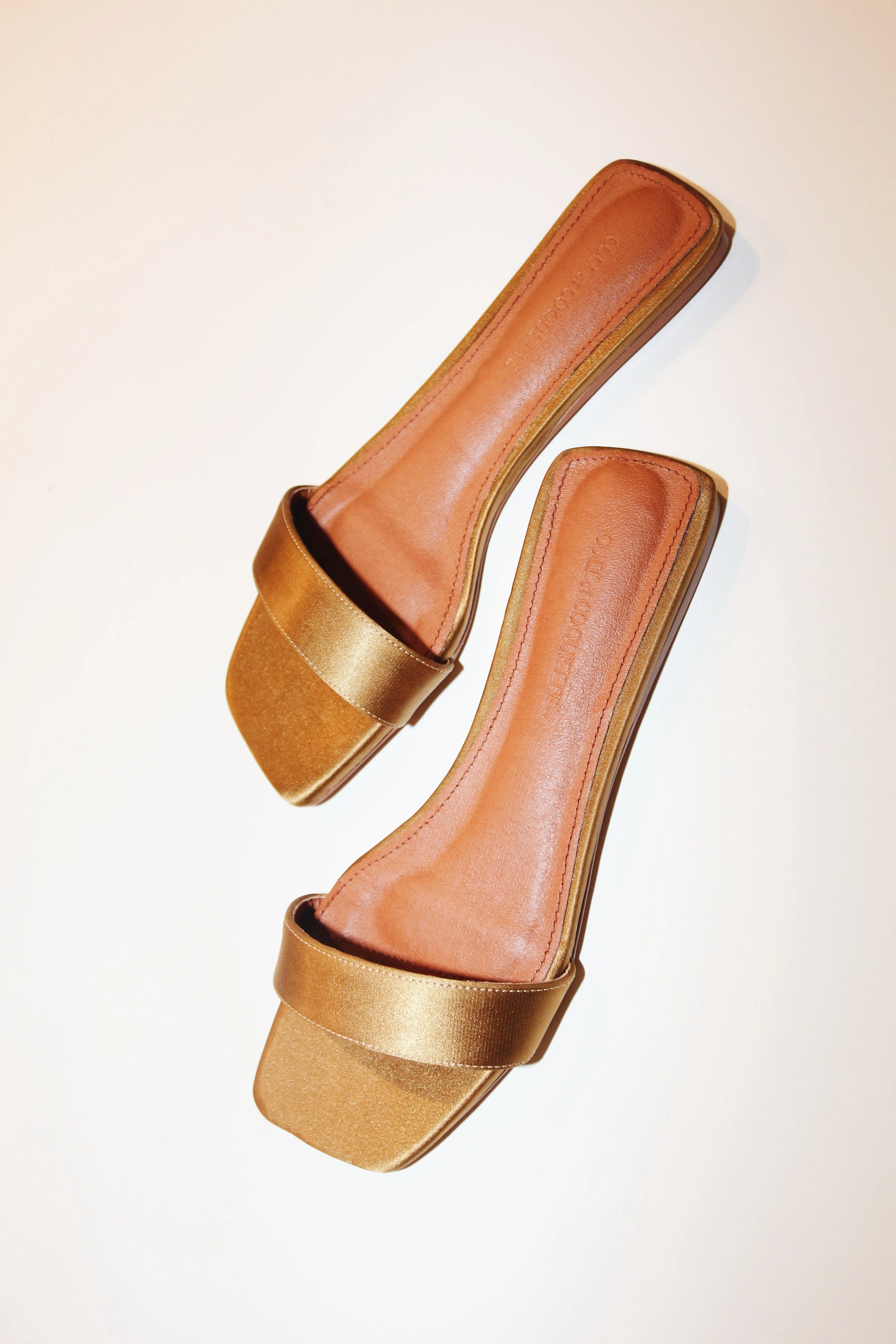 Elle Olive Satin Flat Slide sold by Cult of Coquette