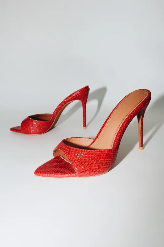 Gia Red Reptile Vegan Mules 100 mm sold by Cult of Coquette