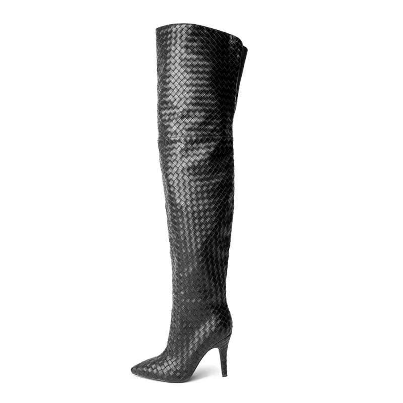 Cher Black Woven Thigh High Boots made by Cult of Coquette