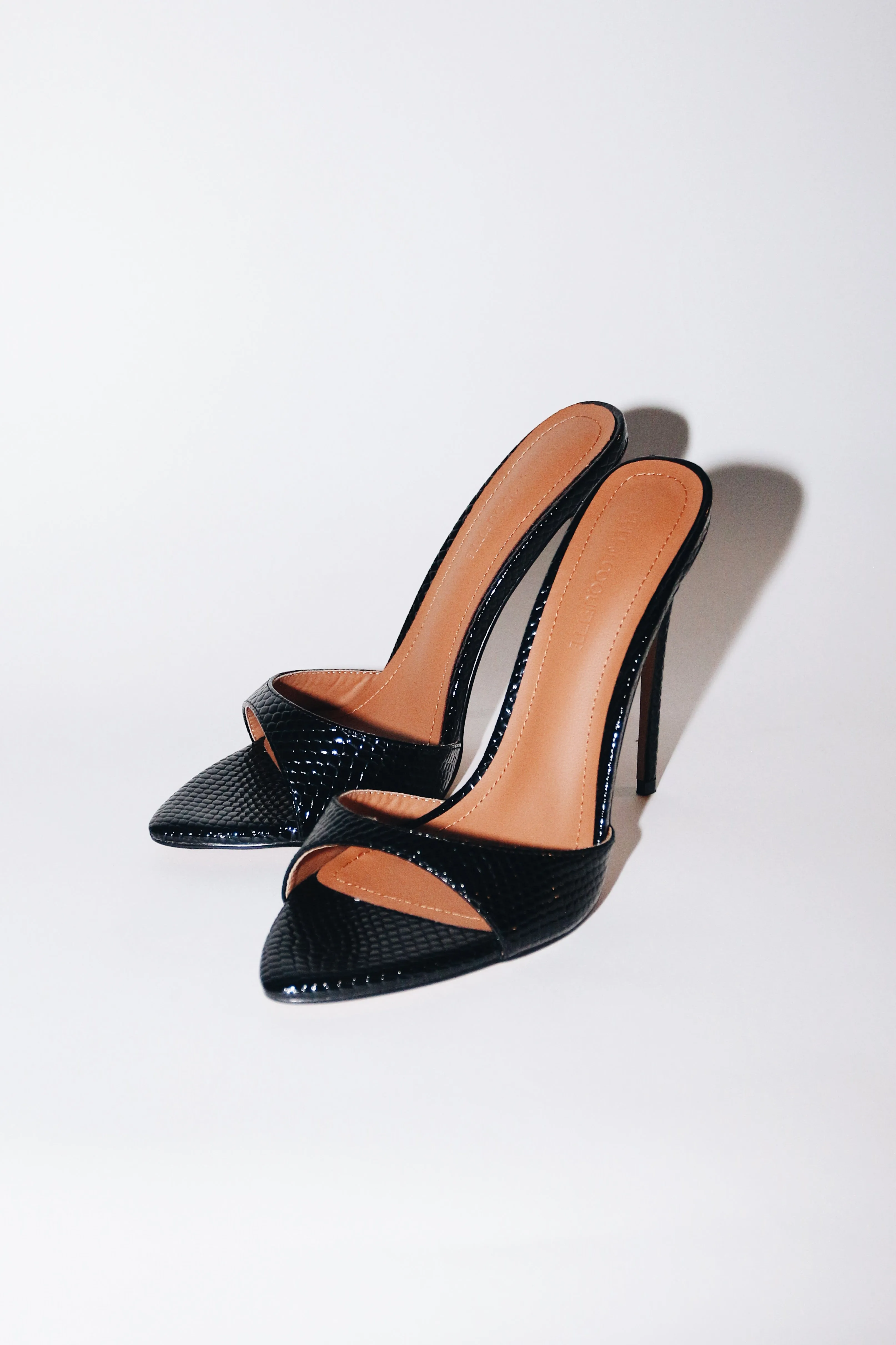 Gia Black Reptile Vegan Mules 120 mm sold by Cult of Coquette