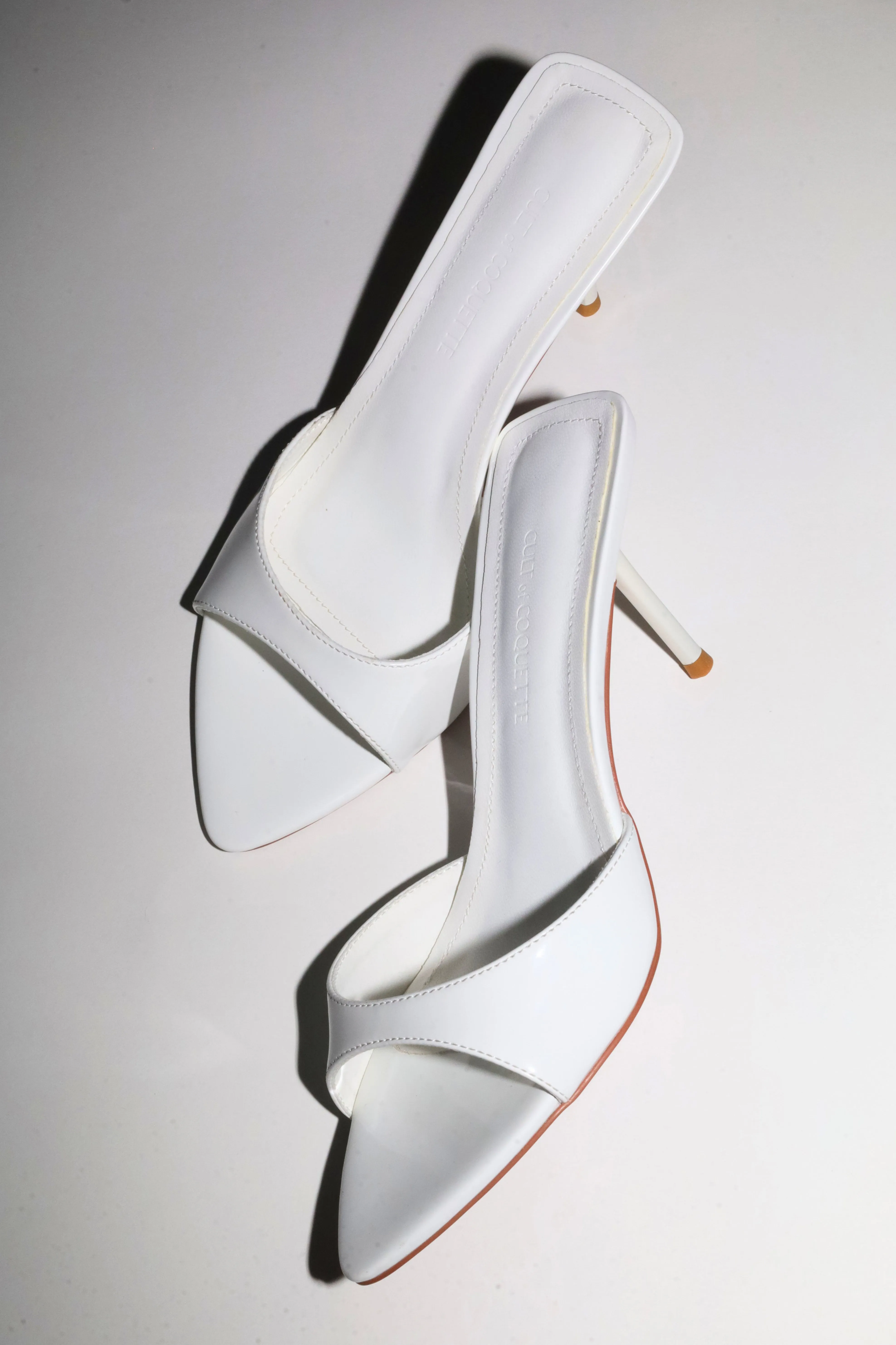Zena White Patent Vegan Mules 80 mm sold by Cult of Coquette