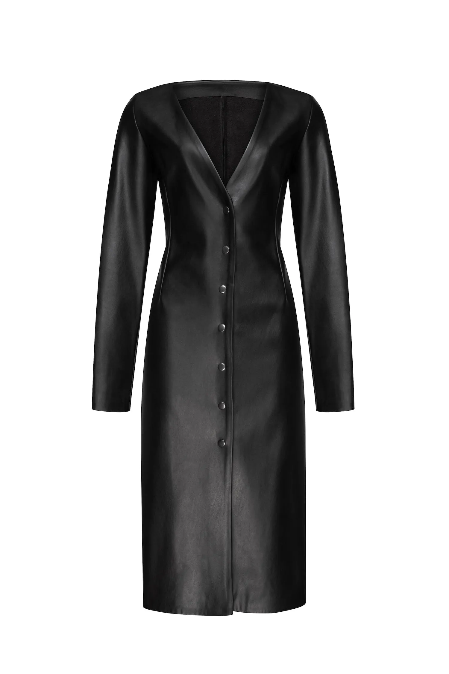 Black leather midi dress sold by MDNT:45