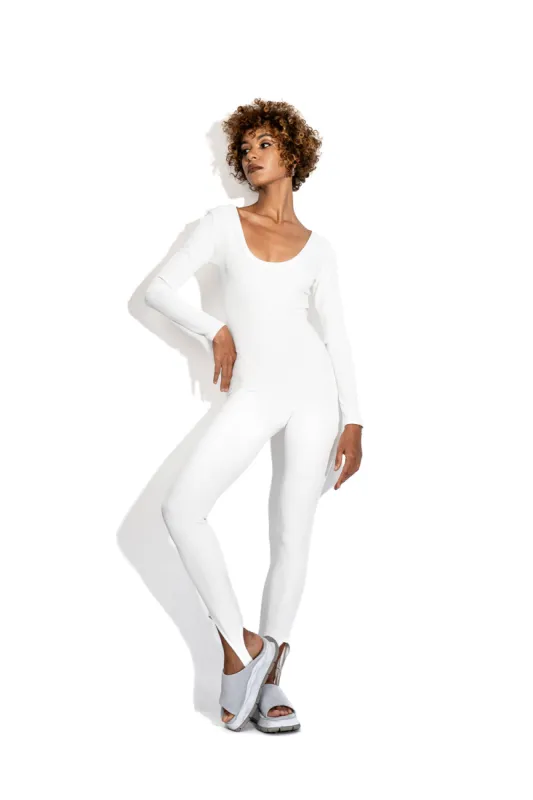White long stirrup bodysuit sold by MDNT:45