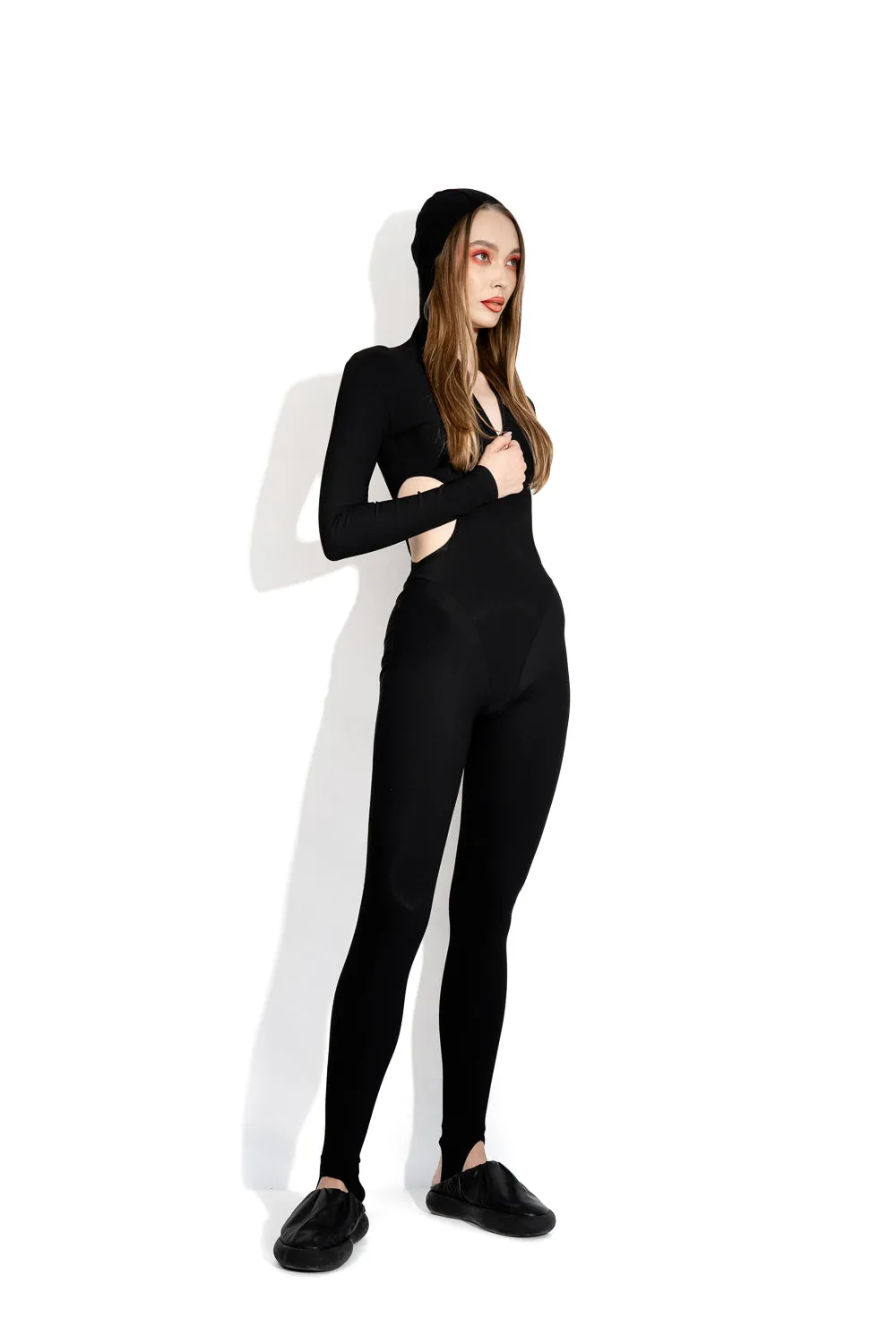 Black cutout hooded bodysuit sold by MDNT:45
