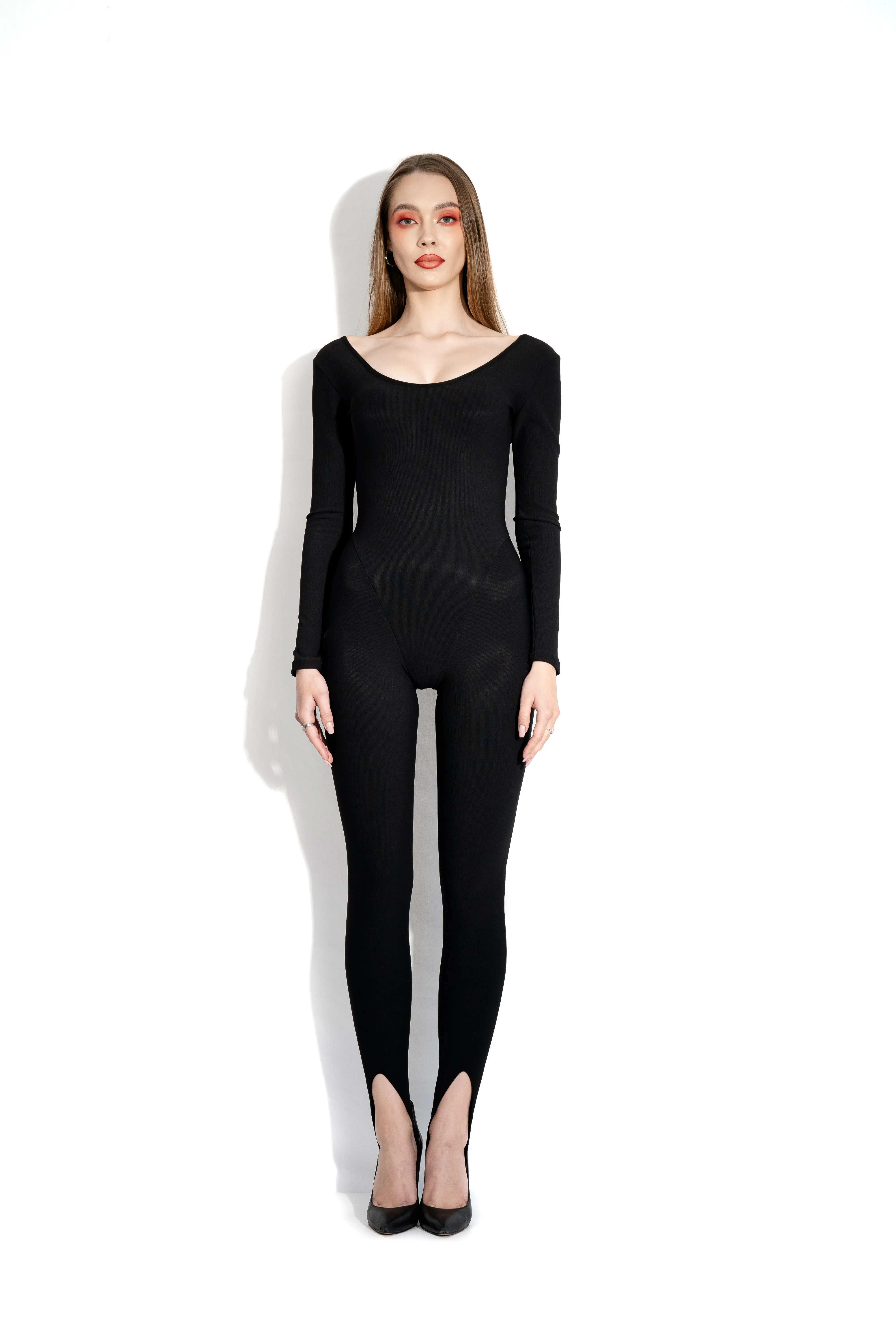 Black long stirrup bodysuit sold by MDNT:45 product image thumbnail 2