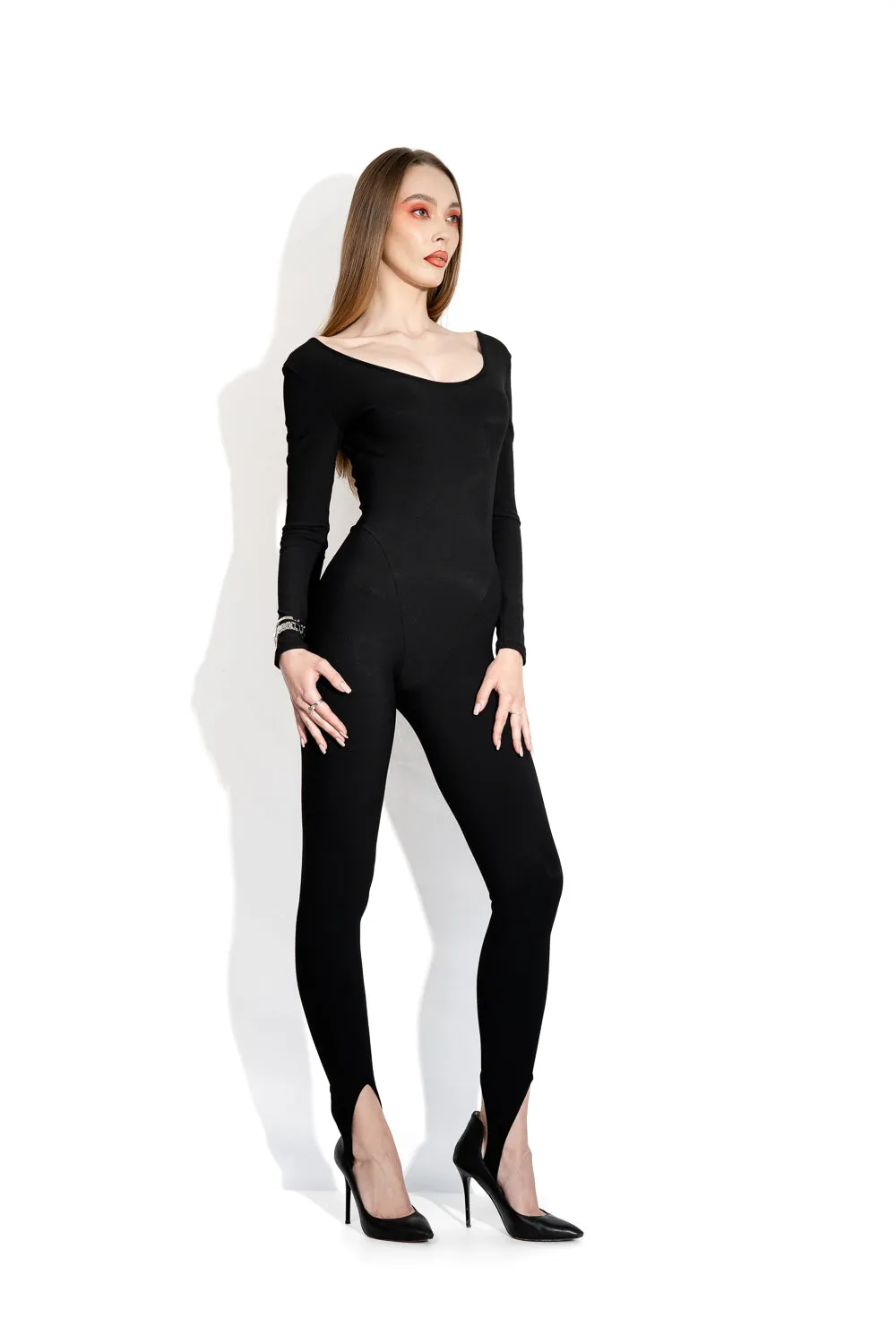 Black long stirrup bodysuit sold by MDNT:45