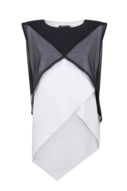 Asymmetrical white shirt with black mesh top sold by MDNT:45
