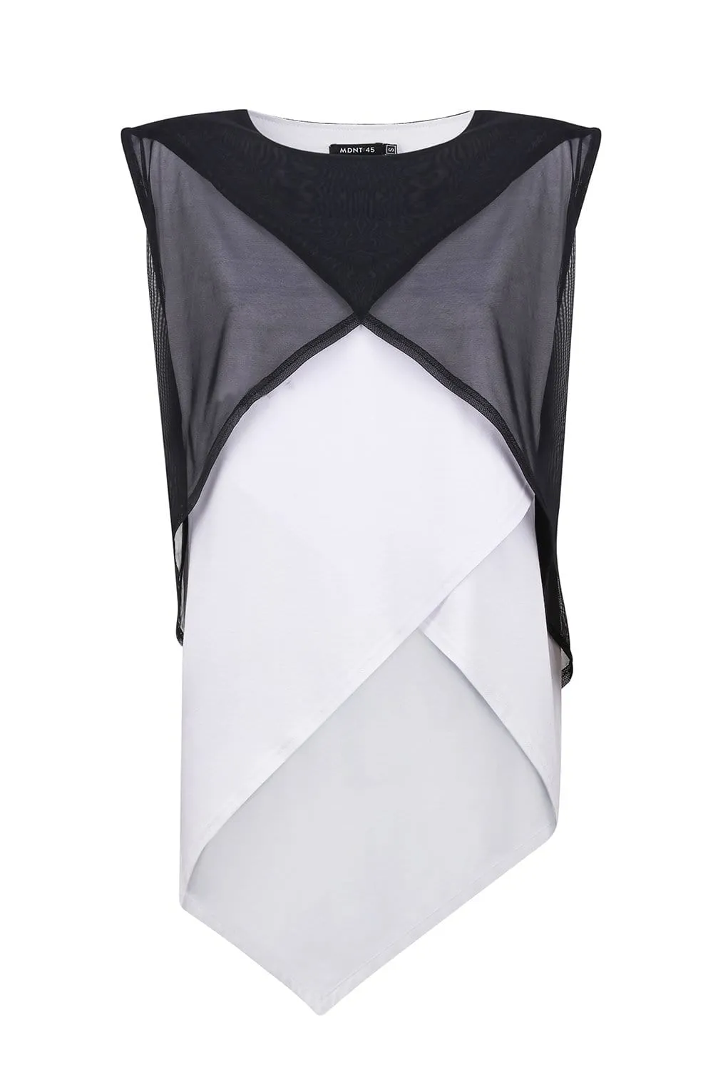Asymmetrical white shirt with black mesh top sold by MDNT:45
