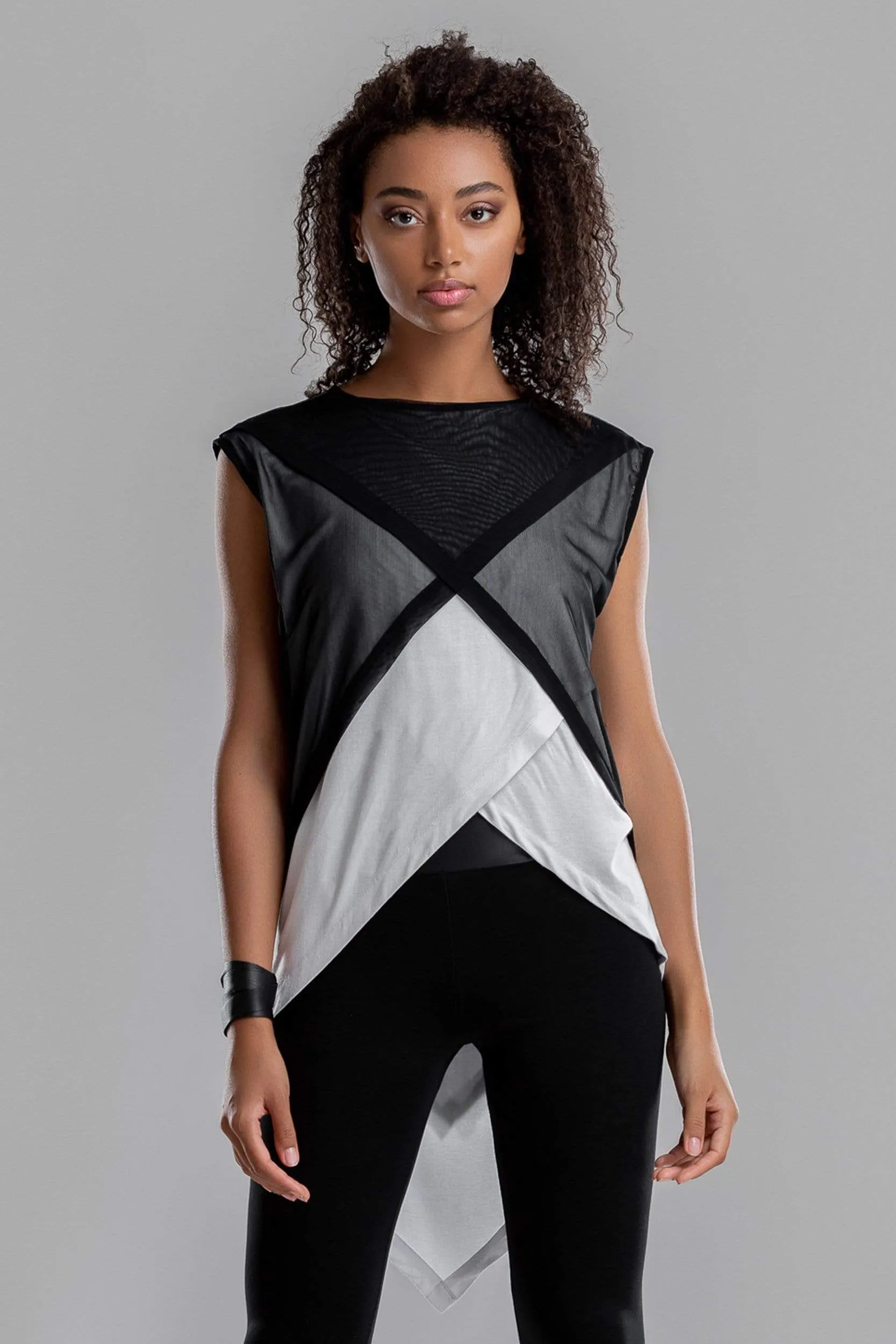 Asymmetrical white shirt with black mesh top sold by MDNT:45 product image thumbnail 3