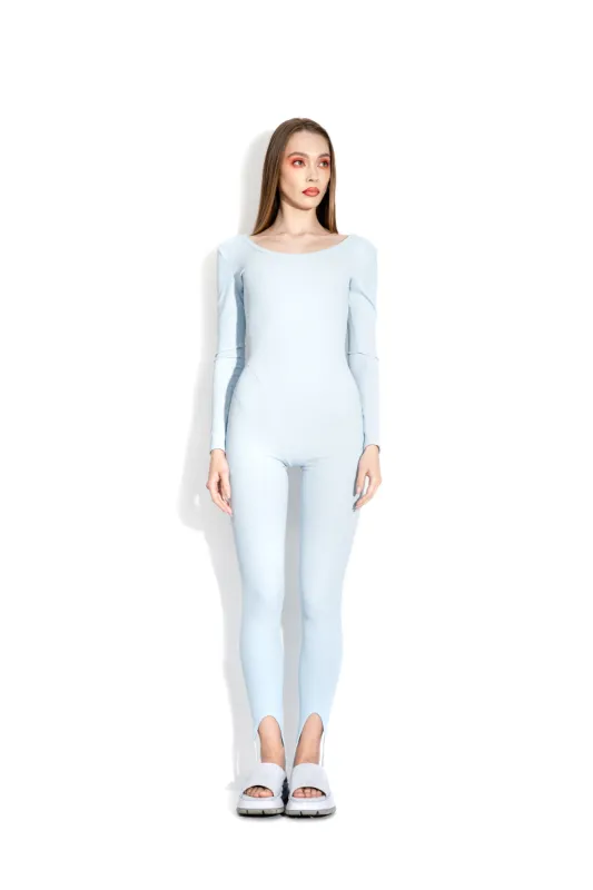 Blue long stirrup bodysuit sold by MDNT:45