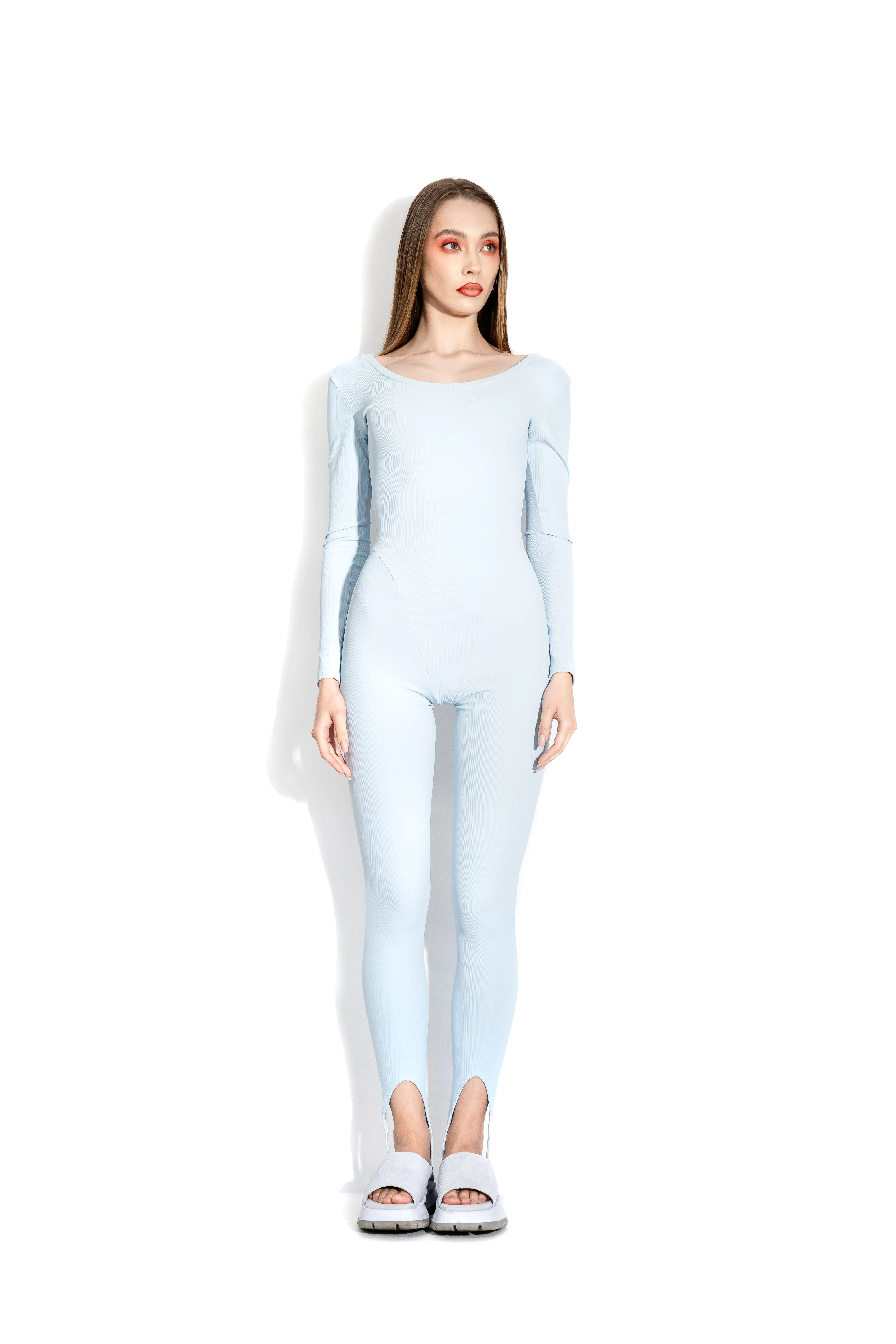 Blue long stirrup bodysuit sold by MDNT:45