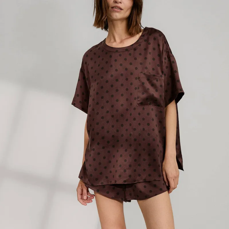 Washable Silk Tee Short Set - Chocolate Ellipsis made by lunya