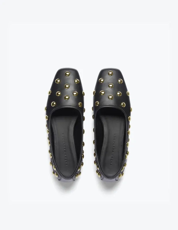 Jessie Ballet Flats - Black Calf with Gold Studs sold by Jones