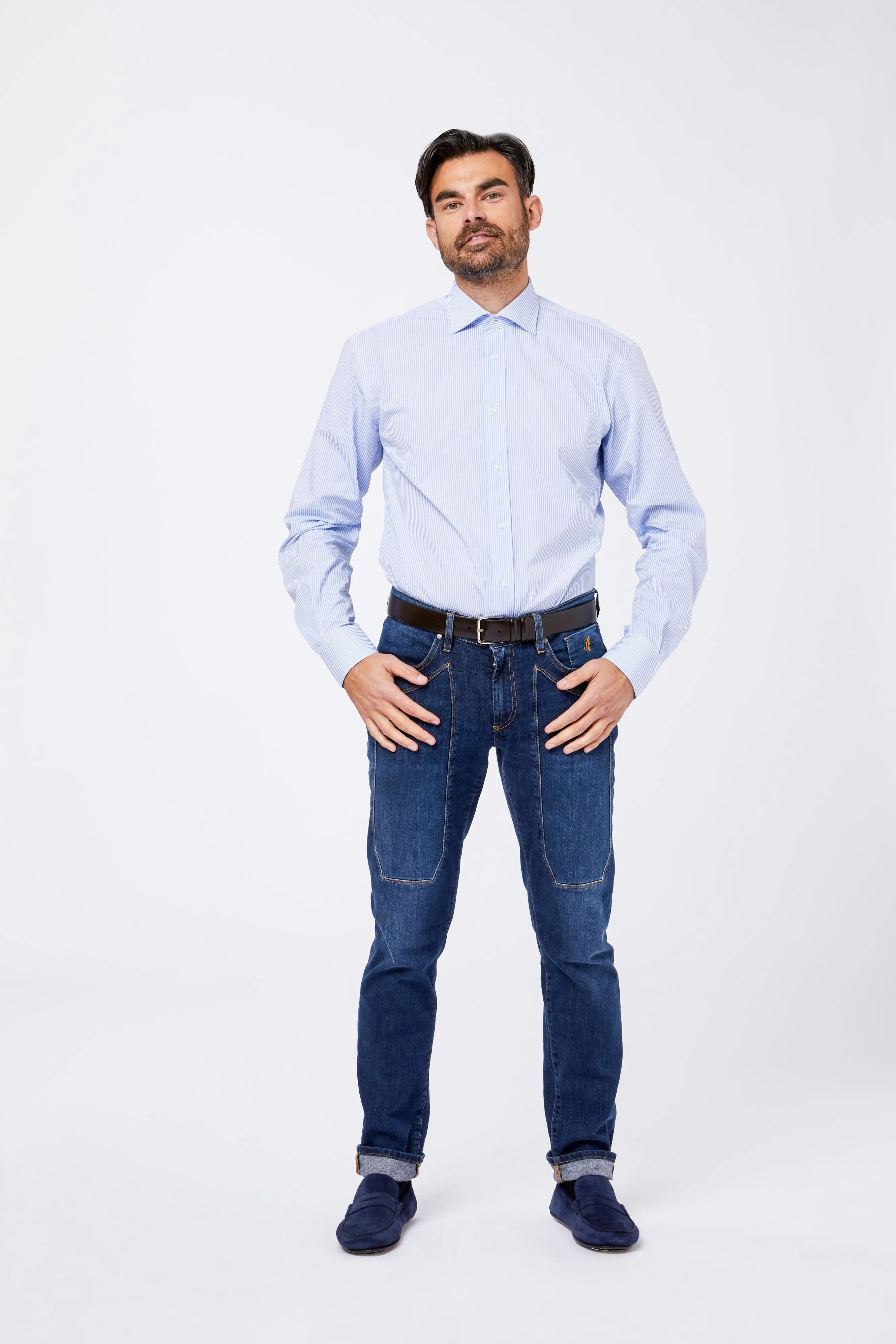 Camicia Celeste Cotone Popeline Bastoncino Collo Mezzo Francese sold by principe di firenze