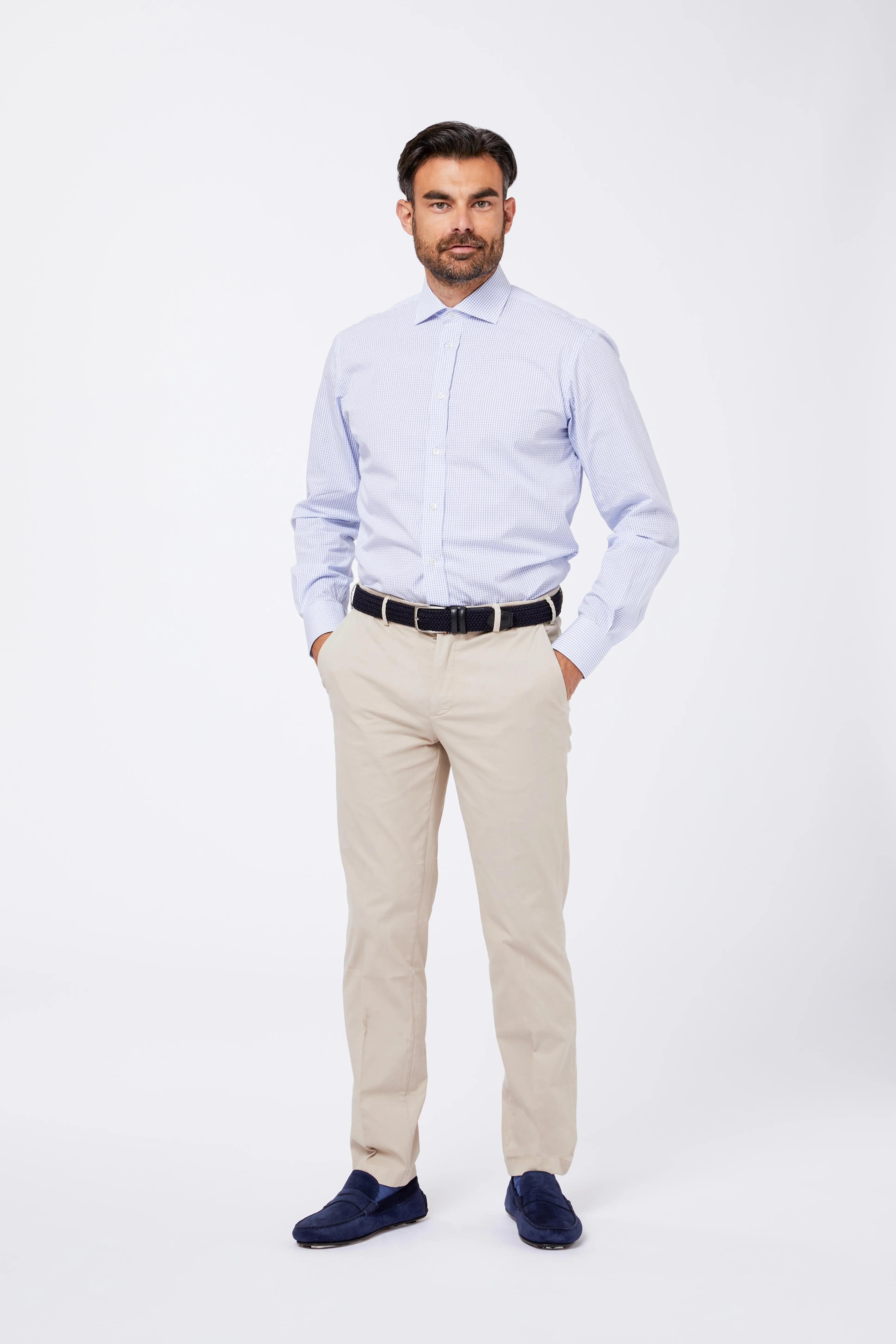 Camicia Celeste Cotone Quadrettato Collo Francese sold by principe di firenze