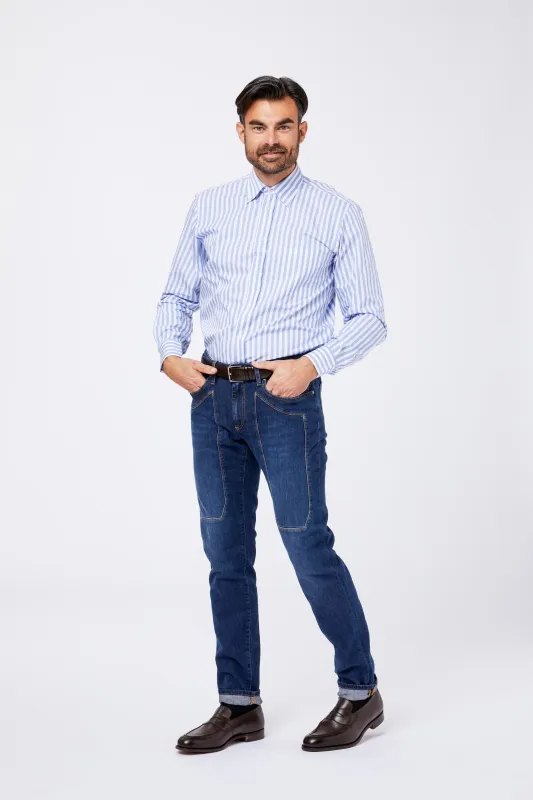 Camicia Celeste Cotone Riga Pari Larga Collo Button Down made by principe di firenze