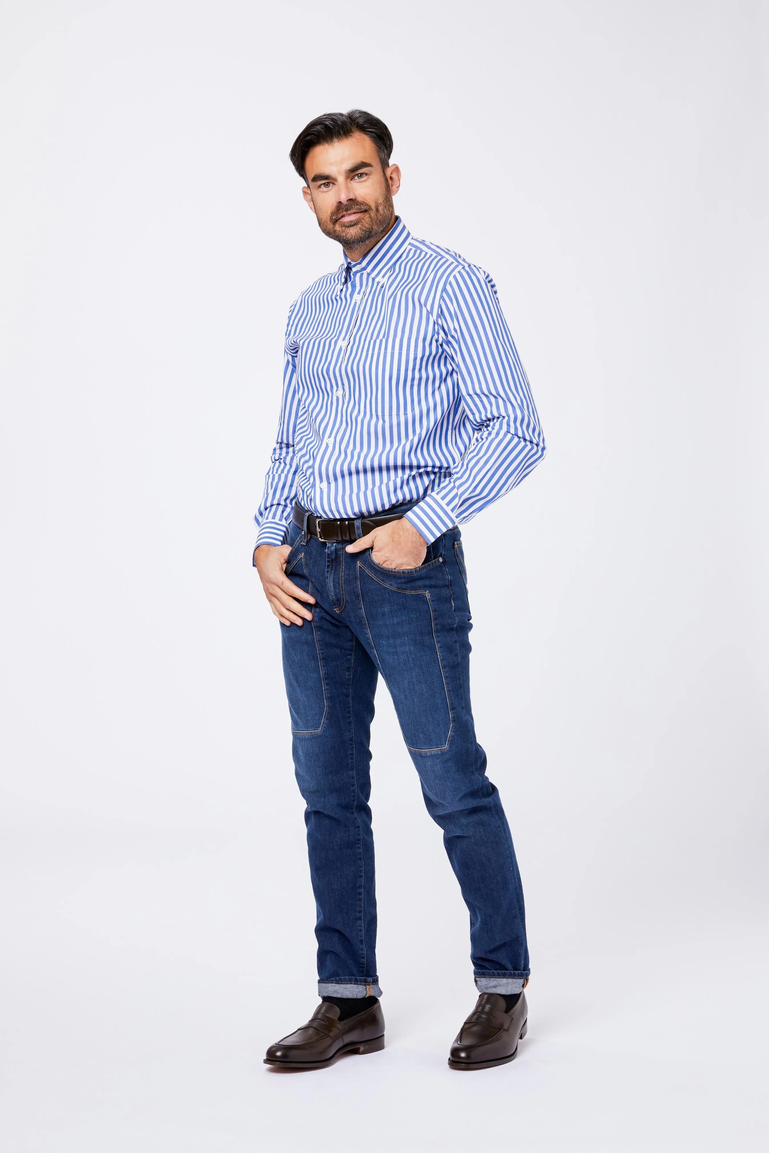Camicia Celeste Cotone Riga Pari Larga Collo Button Down sold by principe di firenze